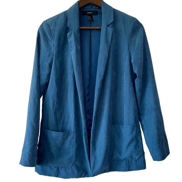 Forever 21 Women’s Faux Suede Blue Open Blazer Front Pockets Work Business Sz S - Picture 1 of 9